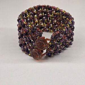 Artisan Bracelet Women's Purple Gold Copper Black Glass Seedbeads Size 6.5